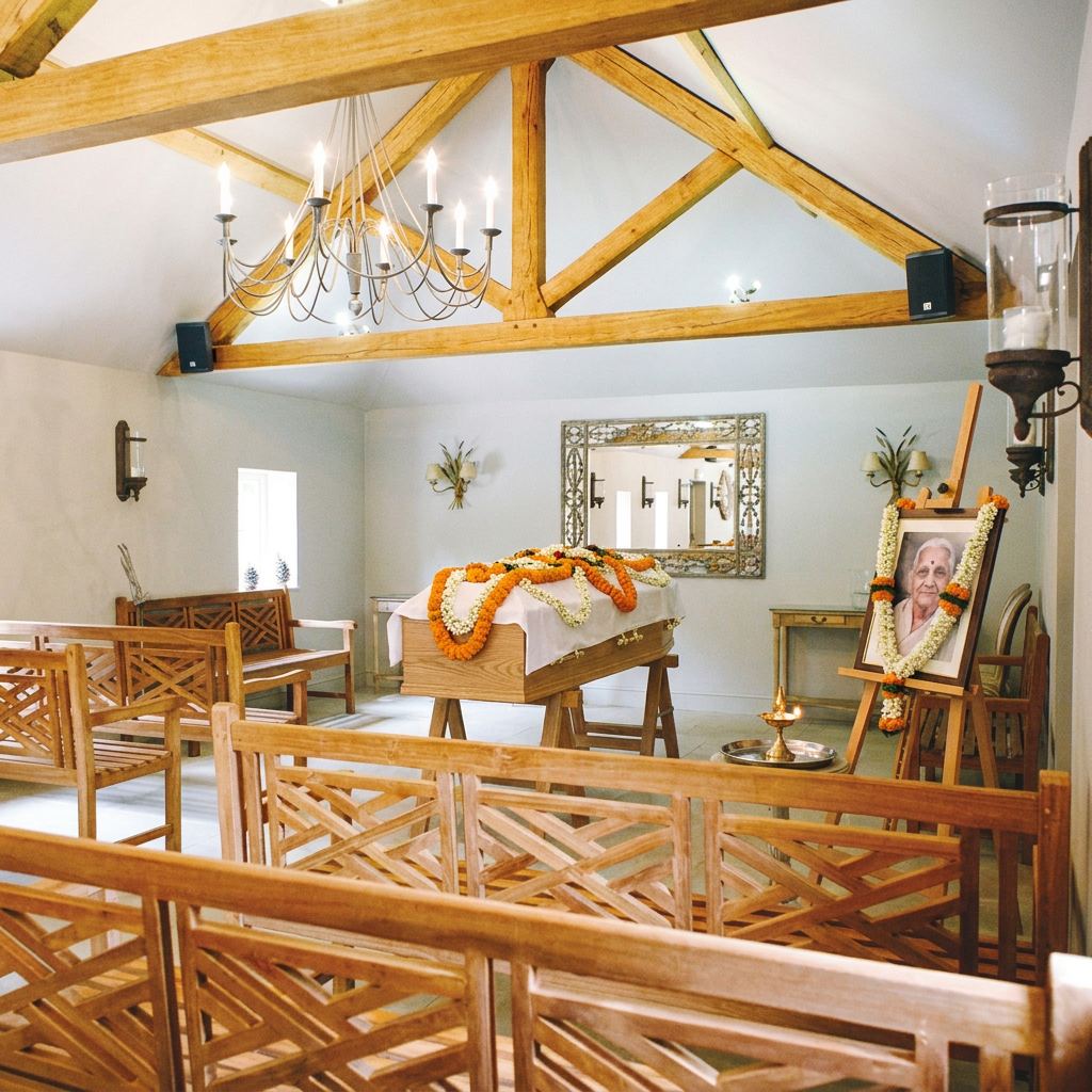 A ceremony hall prepared with a garlanded coffin and framed portrait