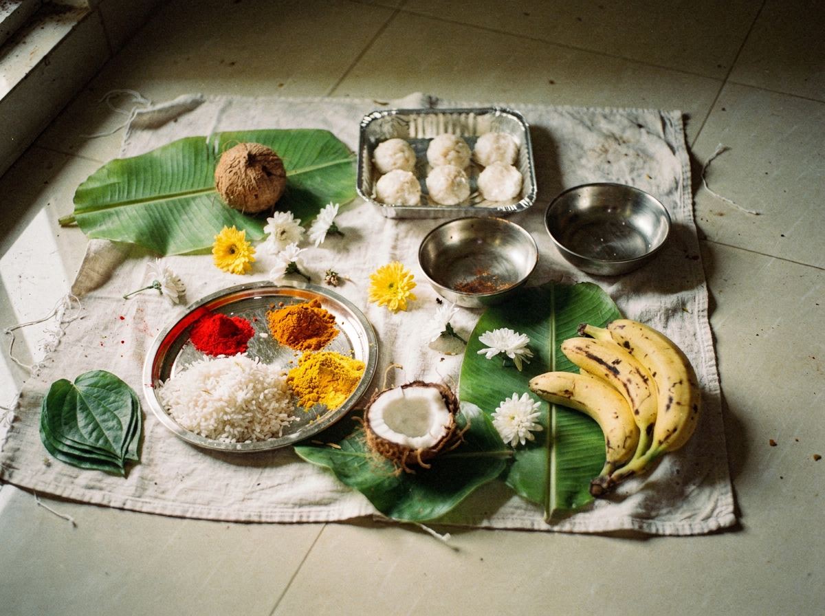 Offerings prepared for the rites: rice, coconut, bananas and powders
