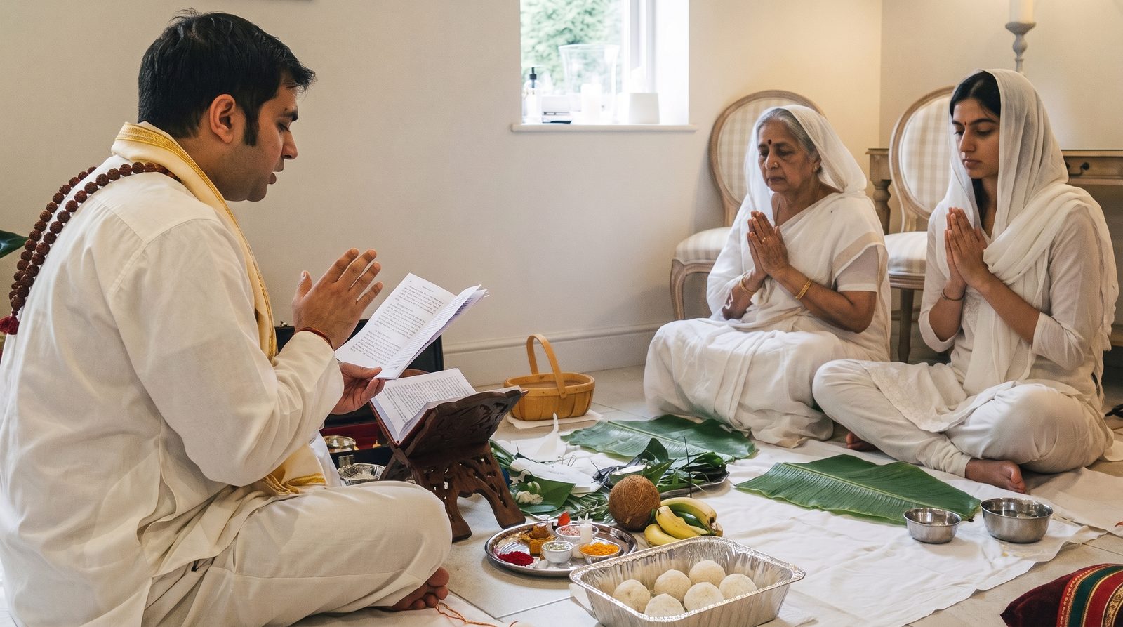 A Hindu priest leading prayers with the family at home