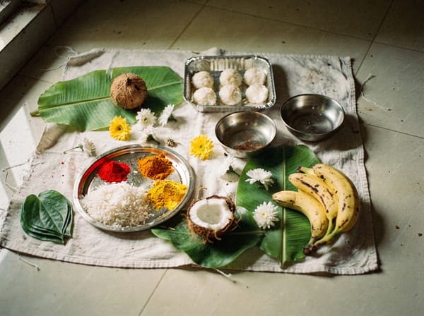 Offerings prepared for the rites: rice, coconut, bananas and powders