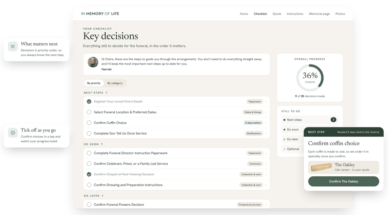 Key decisions checklist in the family portal, with next steps, progress and a coffin choice to confirm