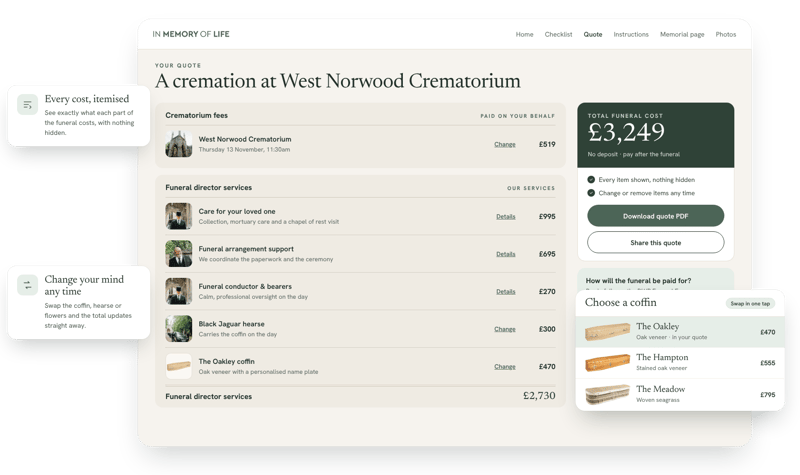 Itemised funeral quote in the family portal, with the option to swap the coffin and see the total update