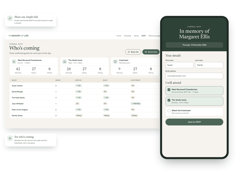 Funeral RSVP tracker and the mobile RSVP form guests fill in