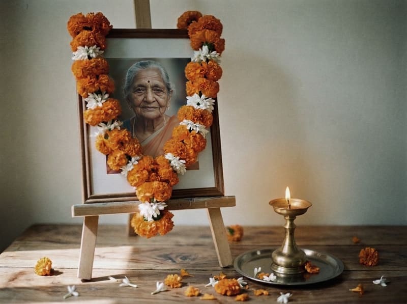 A garlanded portrait beside a lit diya