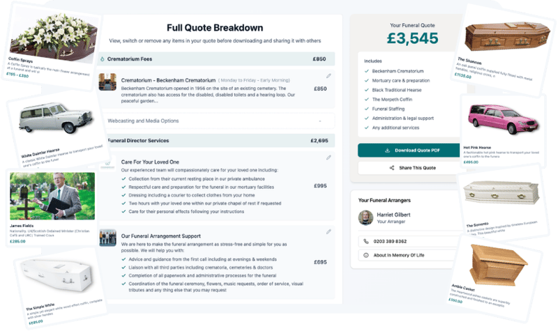 Online funeral quote breakdown showing transparent itemised costs the family can edit