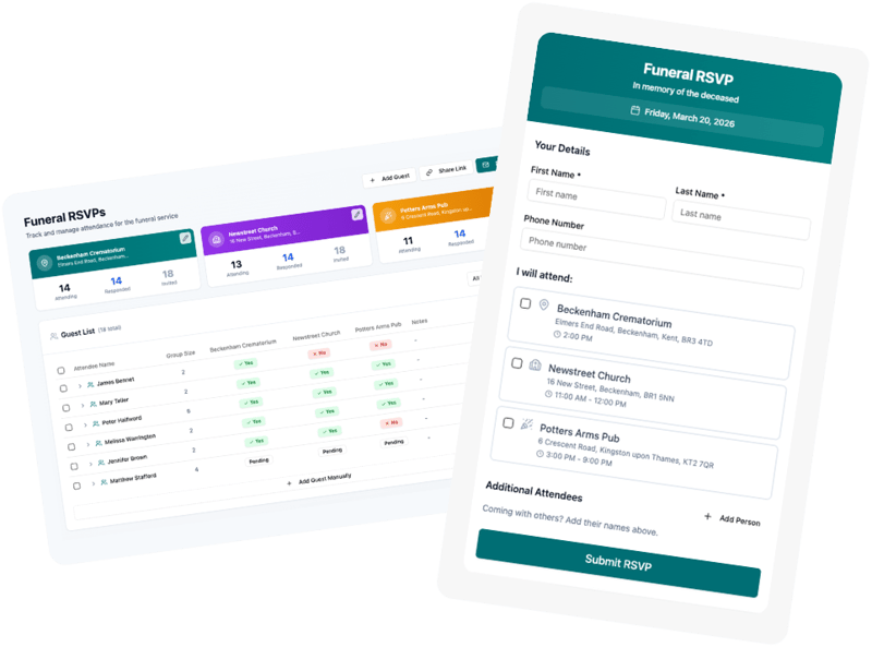 Funeral RSVP system showing guests confirming attendance for the service